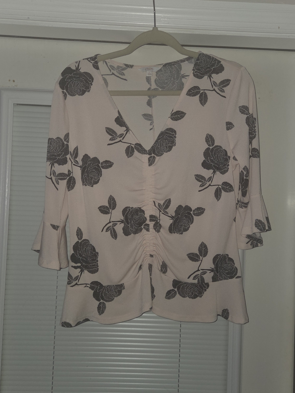 Y2K Candie's Womens Floral V-Neck 3/4 Bell Sleeve Ruched Jersey Blouse L